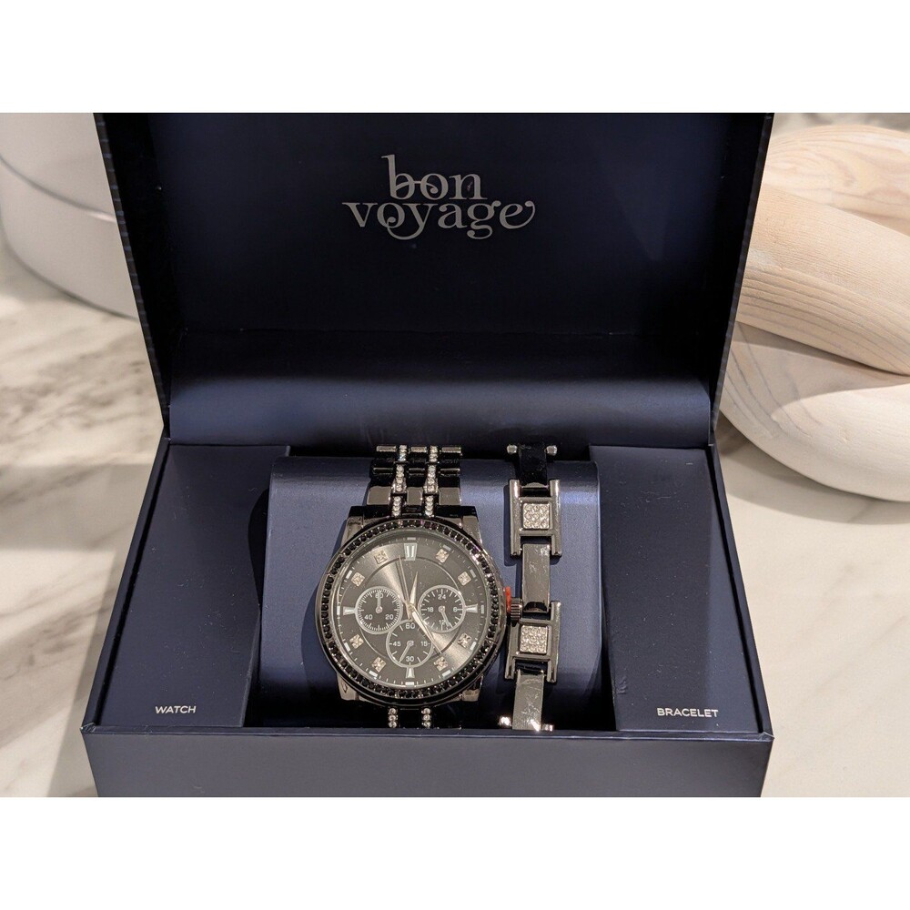 Bon Voyage Black Face Watch & Bracelet Set NEW